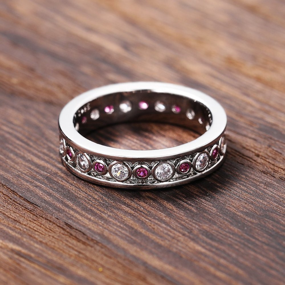 🎀Eternity 925 Silver Plated White Red Inlaid CZ Bling Dainty RingsUNVN12236